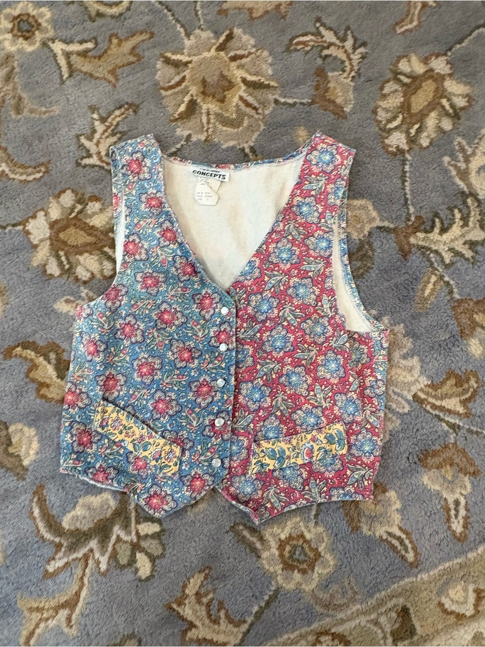 Concepts Floral Patchwork Quilted Vest - Pink & Blue